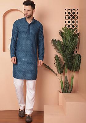 Blue Embroidered Cotton Kurta For Men