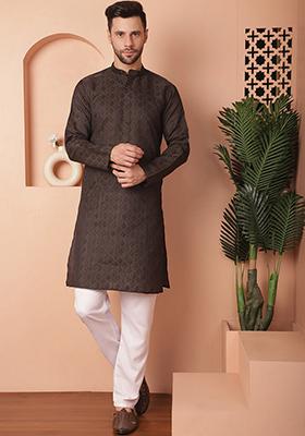 Navy Blue Woven Design Silk Blend Kurta For Men
