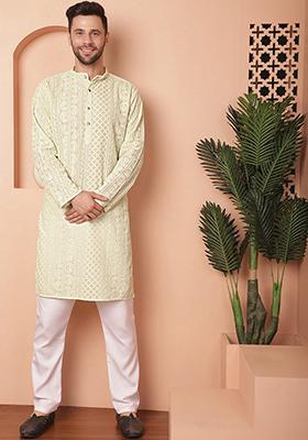 Pista Green Embroidered Georgette Kurta For Men