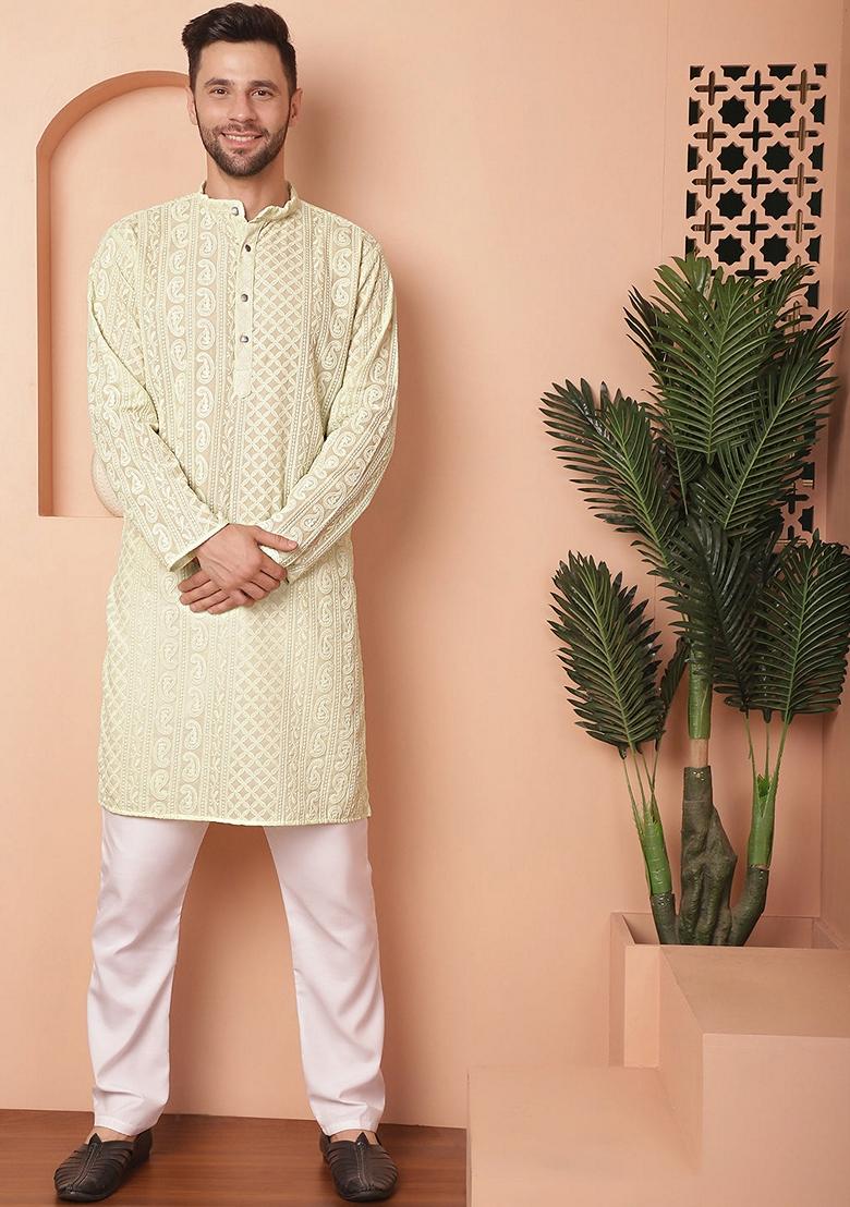 Pista Green Embroidered Georgette Kurta For Men