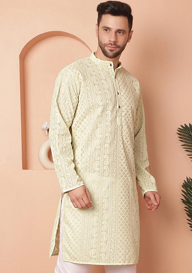 Pista Green Embroidered Georgette Kurta For Men
