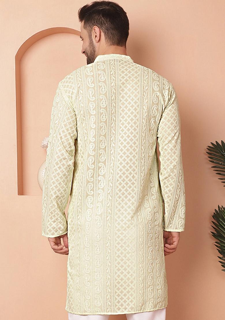 Pista Green Embroidered Georgette Kurta For Men