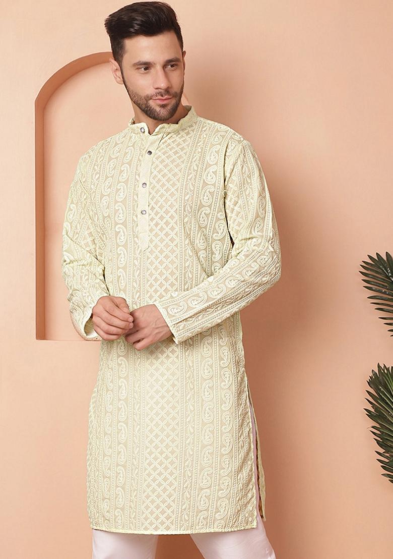 Pista Green Embroidered Georgette Kurta For Men