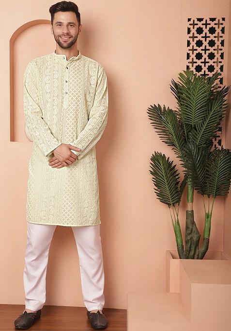 Pista Green Embroidered Georgette Kurta For Men
