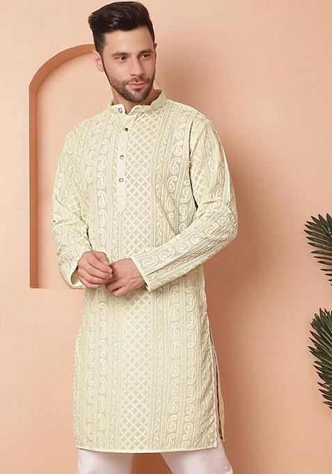 Pista Green Embroidered Georgette Kurta For Men