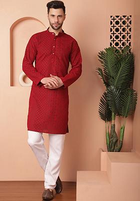 Maroon Embroidered Georgette Kurta For Men