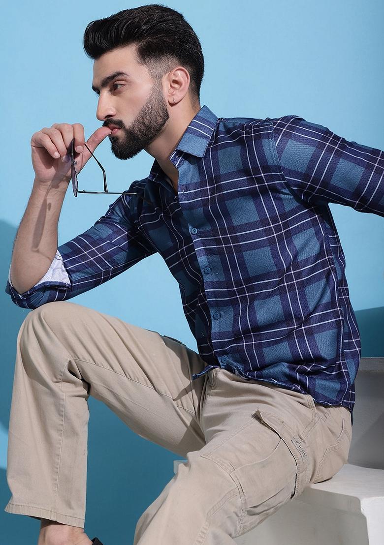 Blue Printed Cotton Shirt For Men
