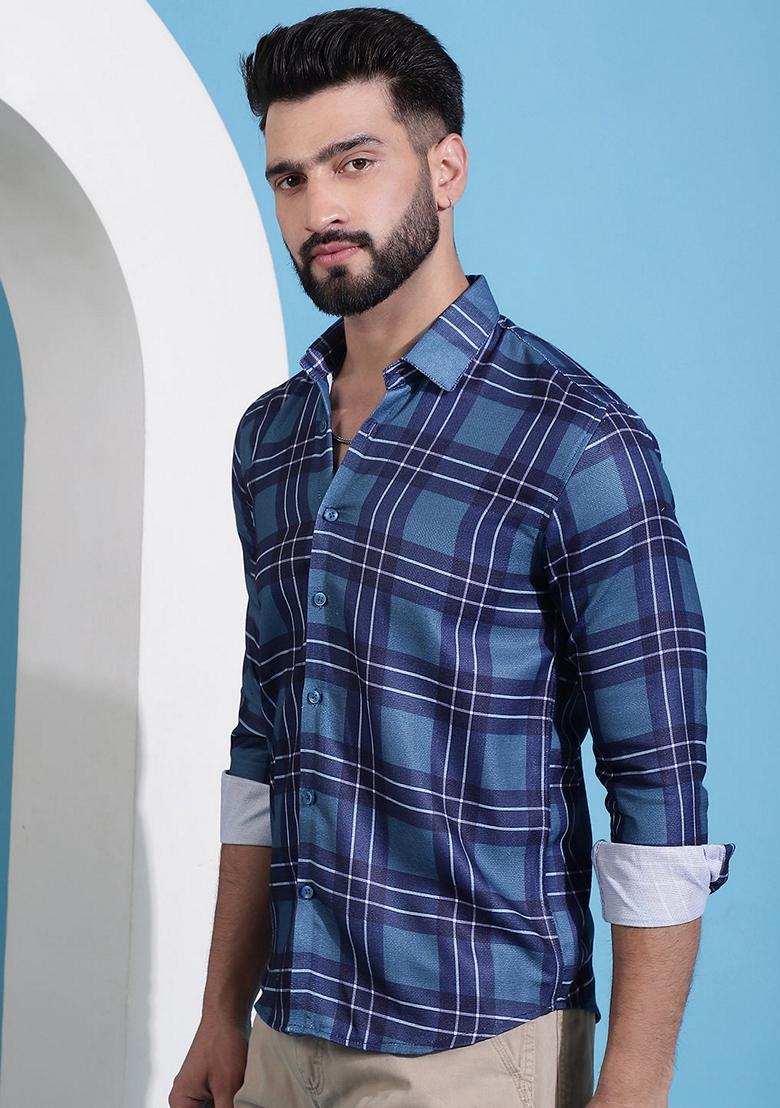Blue Printed Cotton Shirt For Men