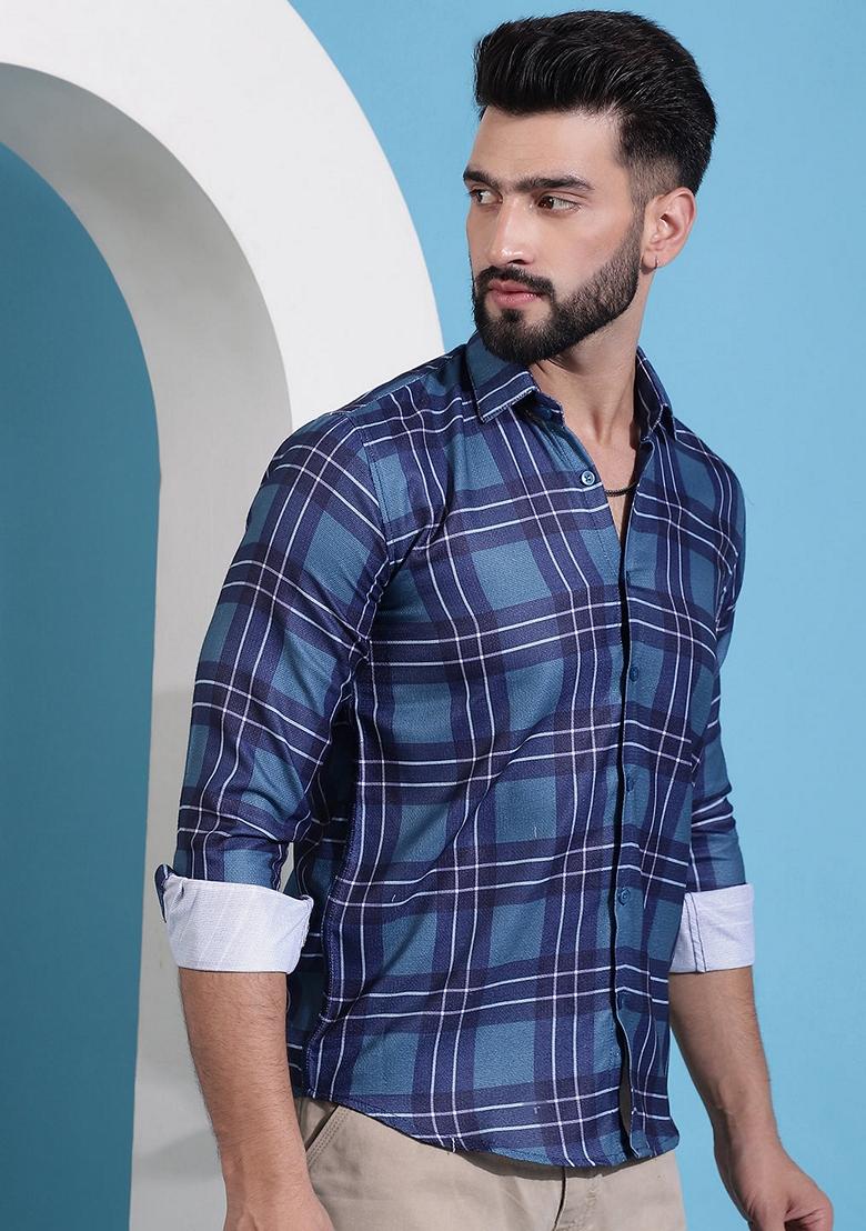 Blue Printed Cotton Shirt For Men