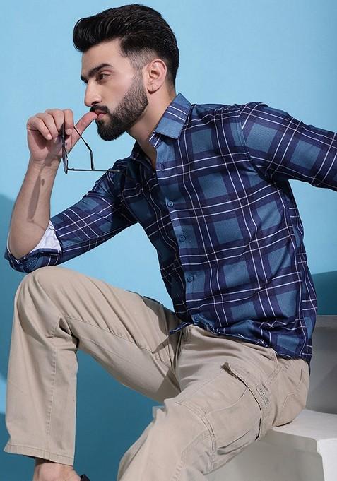 Blue Printed Cotton Shirt For Men