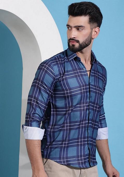 Blue Printed Cotton Shirt For Men