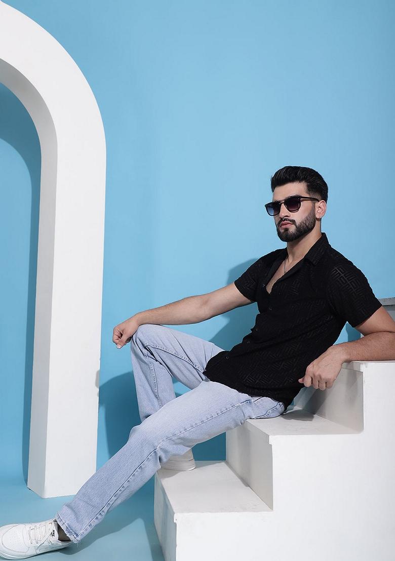 Black Self Design Cotton Shirt For Men
