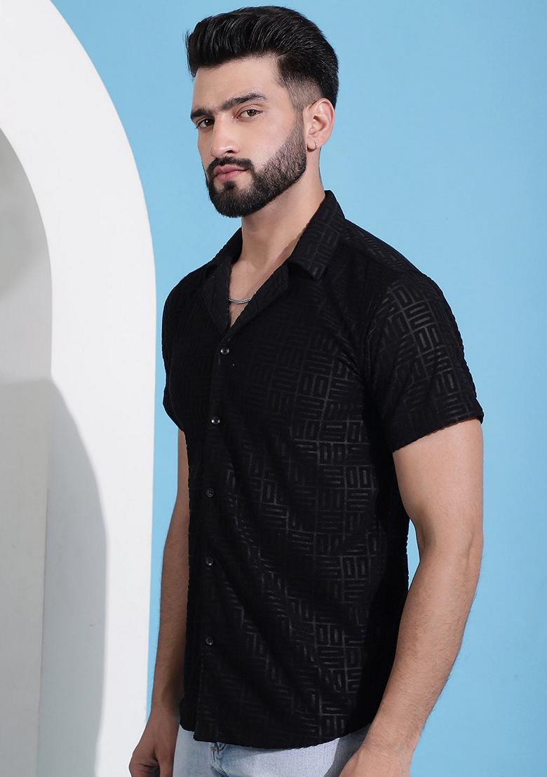 Black Self Design Cotton Shirt For Men