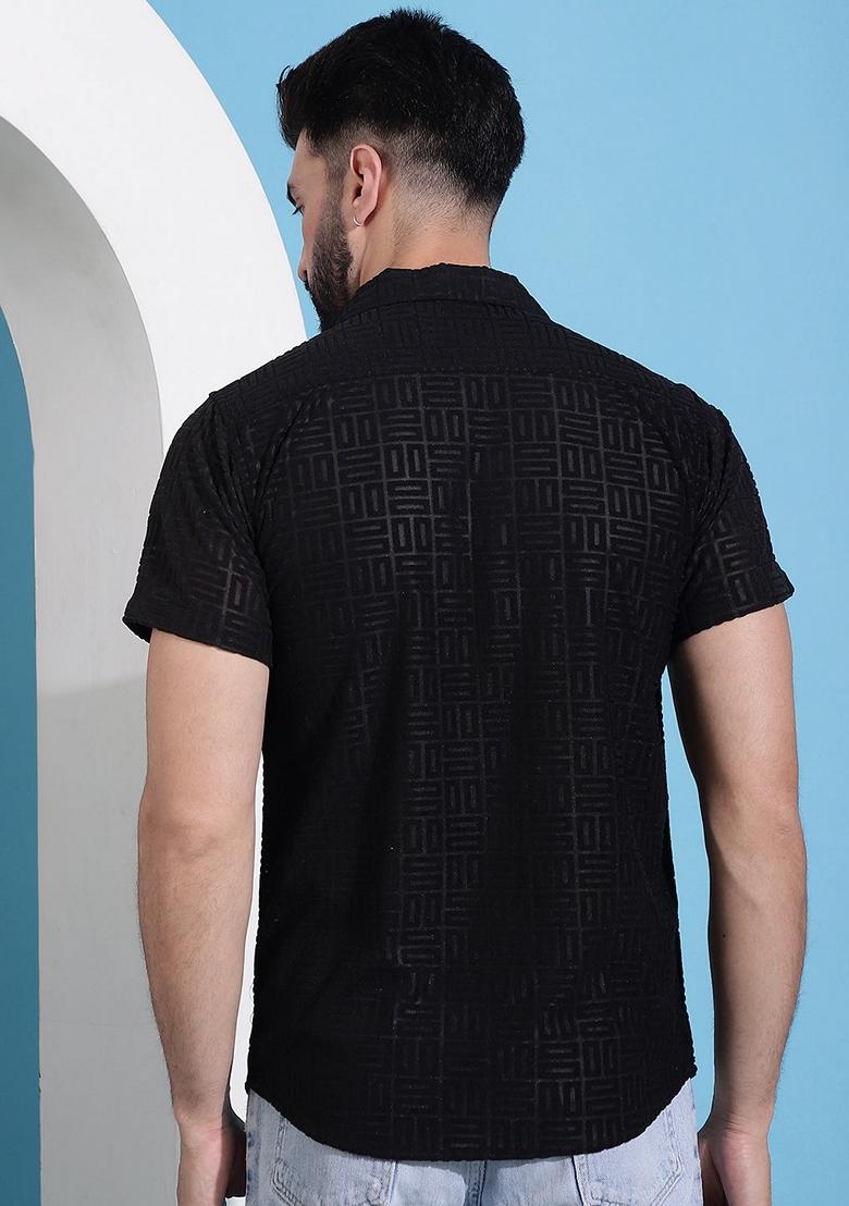 Black Self Design Cotton Shirt For Men