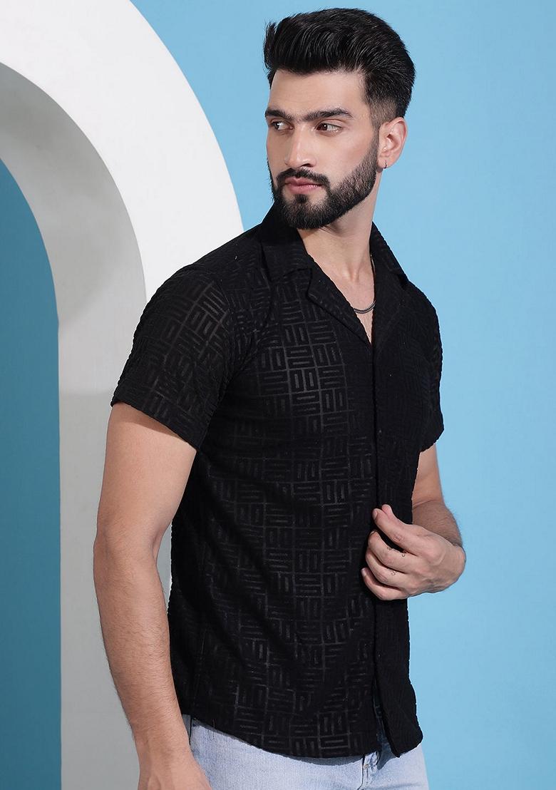 Black Self Design Cotton Shirt For Men