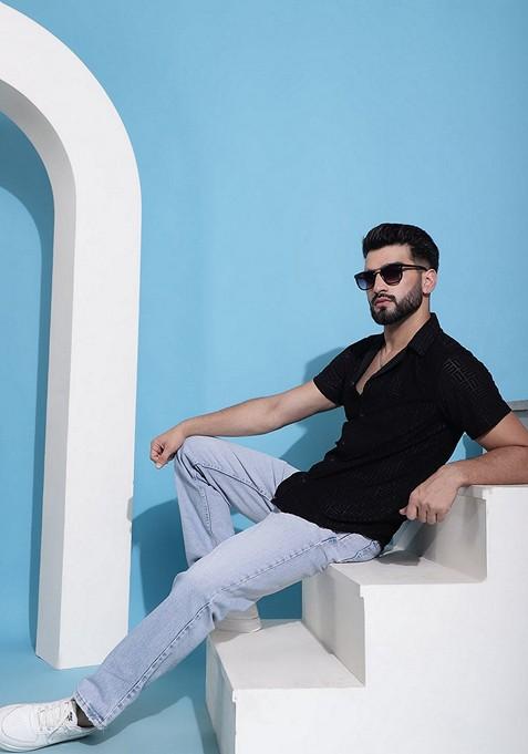 Black Self Design Cotton Shirt For Men