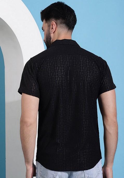 Black Self Design Cotton Shirt For Men