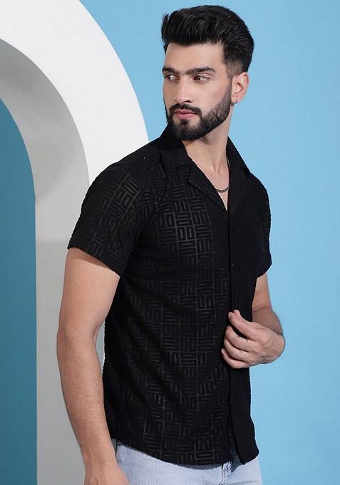Black Self Design Cotton Shirt For Men