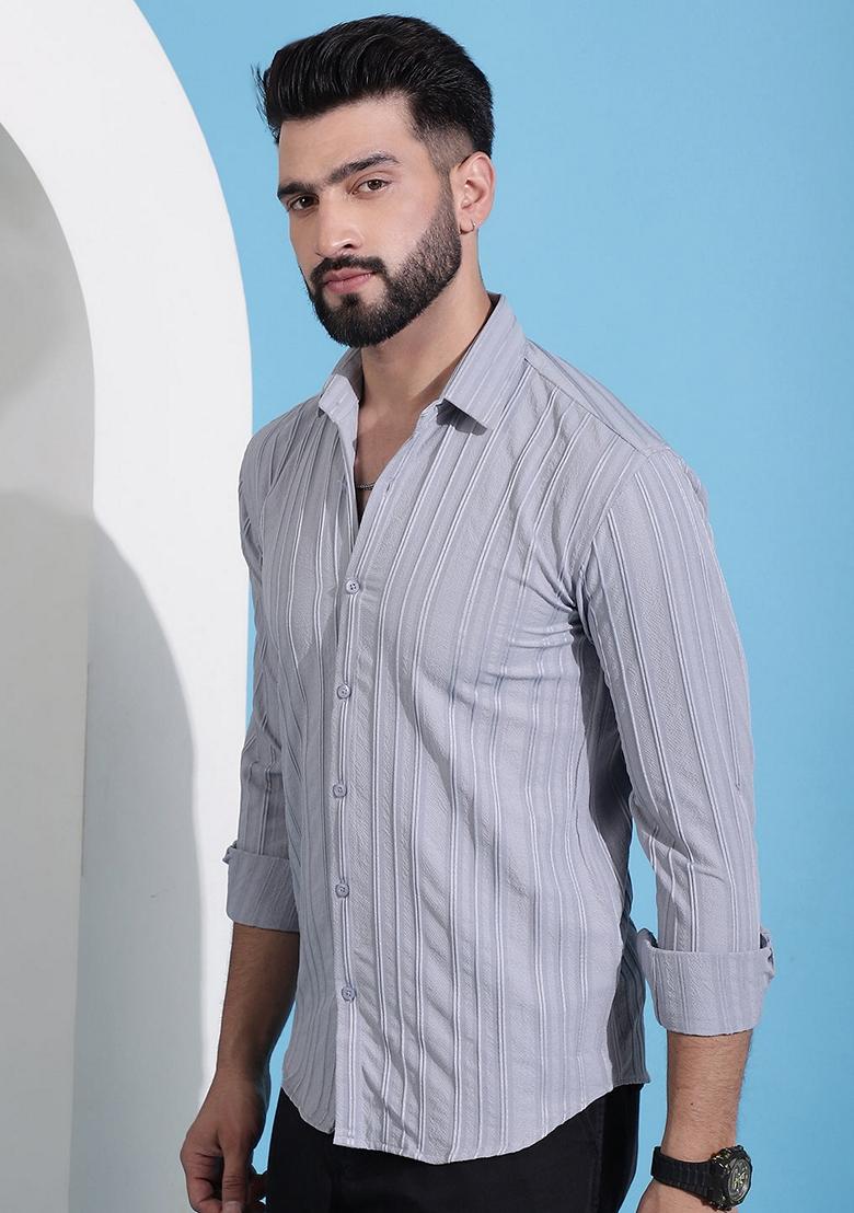 Grey Printed Cotton Blend Shirt For Men