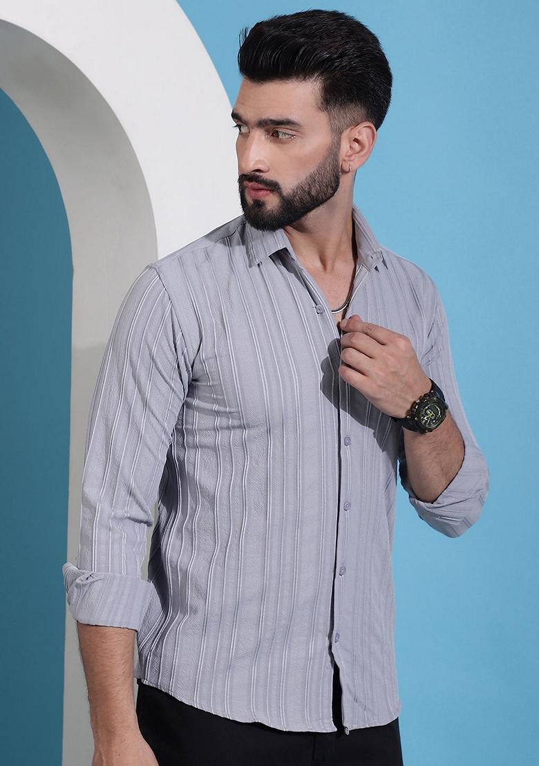 Grey Printed Cotton Blend Shirt For Men