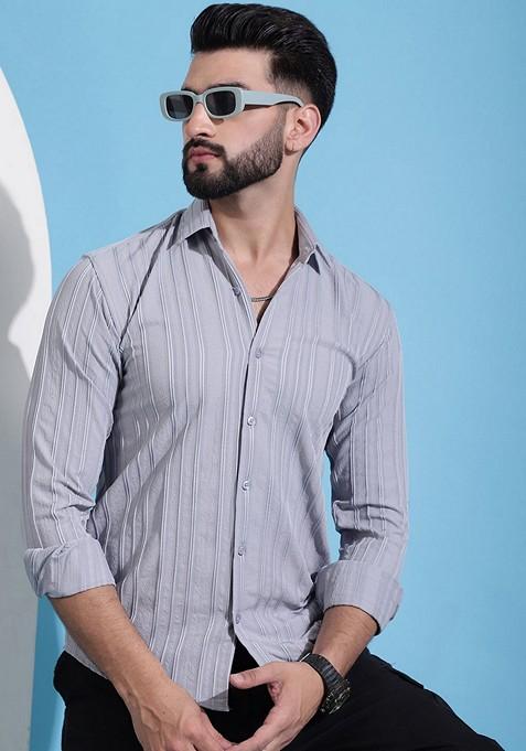 Grey Printed Cotton Blend Shirt For Men