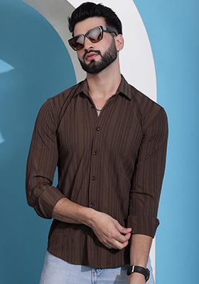 Brown Printed Cotton Blend Shirt For Men