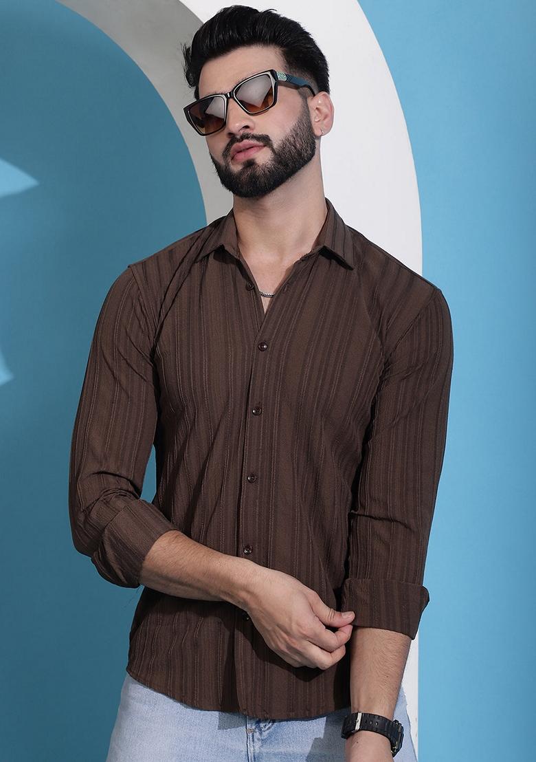 Brown Printed Cotton Blend Shirt For Men