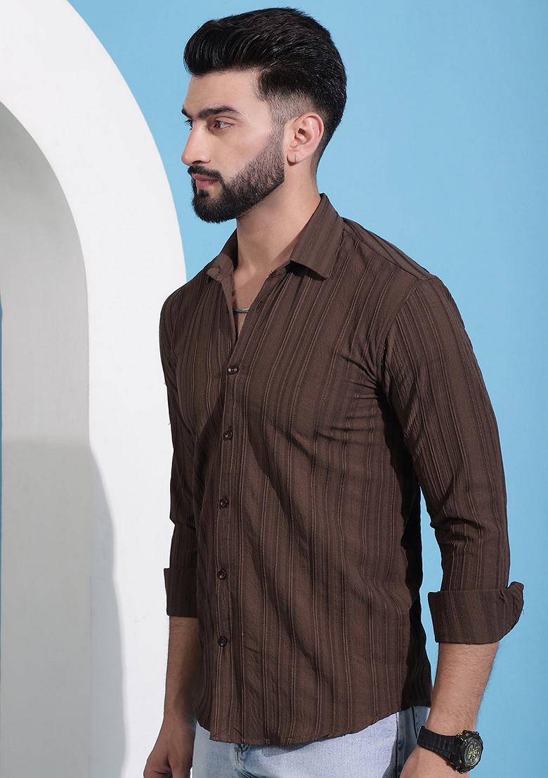 Brown Printed Cotton Blend Shirt For Men