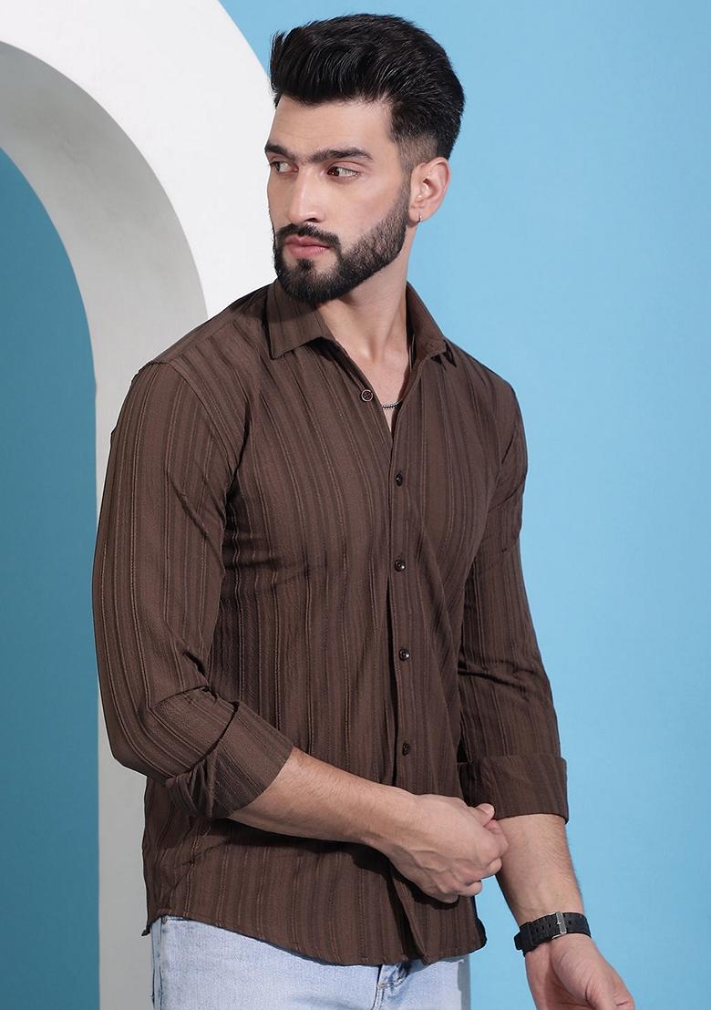 Brown Printed Cotton Blend Shirt For Men