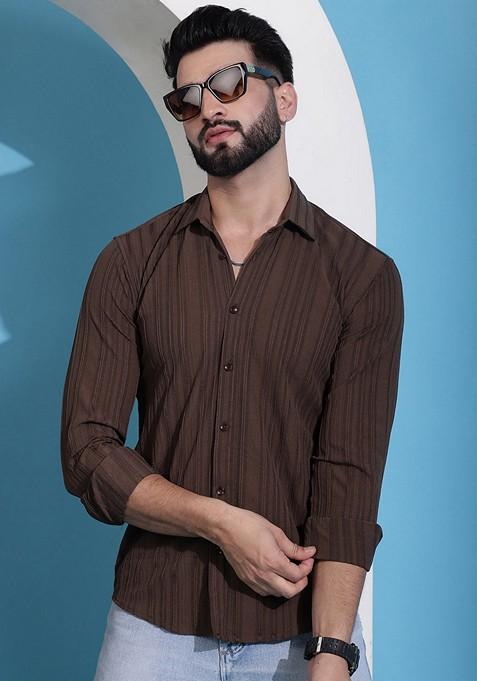 Brown Printed Cotton Blend Shirt For Men