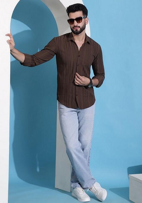 Brown Printed Cotton Blend Shirt For Men
