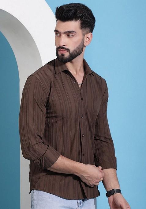 Brown Printed Cotton Blend Shirt For Men
