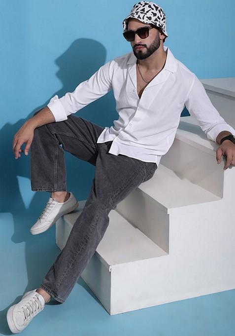 White Cotton Blend Shirt For Men