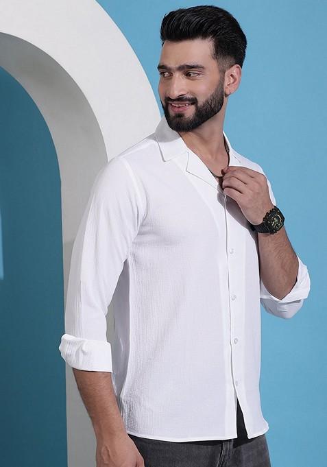 White Cotton Blend Shirt For Men
