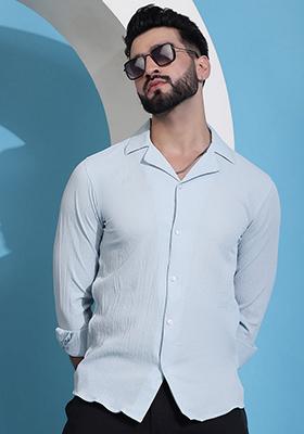Turquoise Cotton Blend Shirt For Men