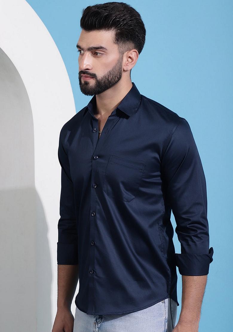 Navy Blue Cotton Shirt For Men