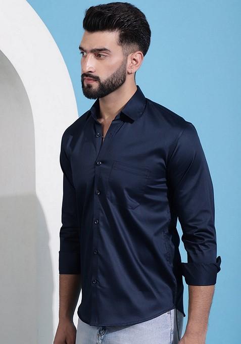 Navy Blue Cotton Shirt For Men