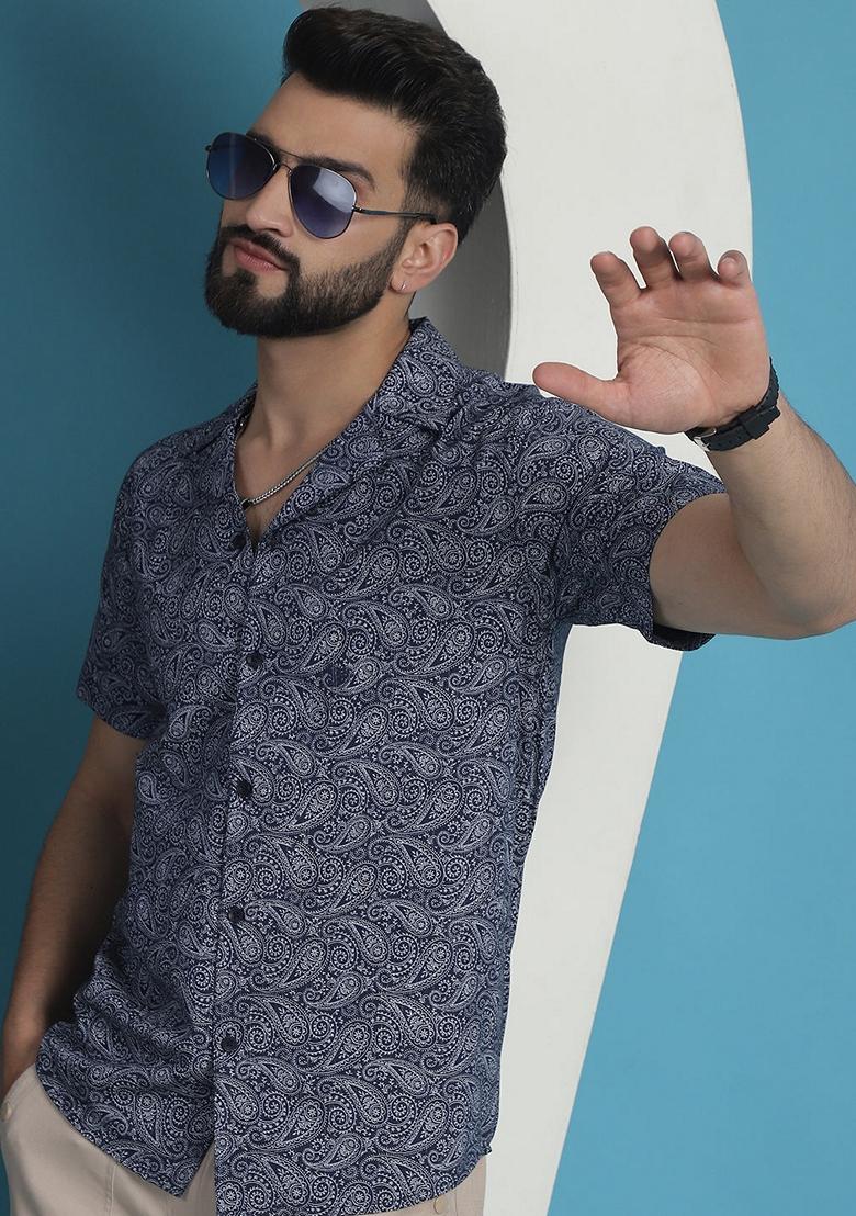 Navy Blue Printed Cotton Shirt For Men