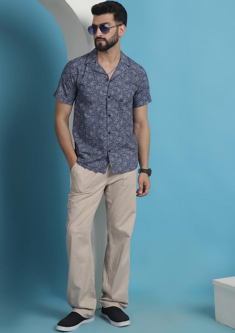 Navy Blue Printed Cotton Shirt For Men