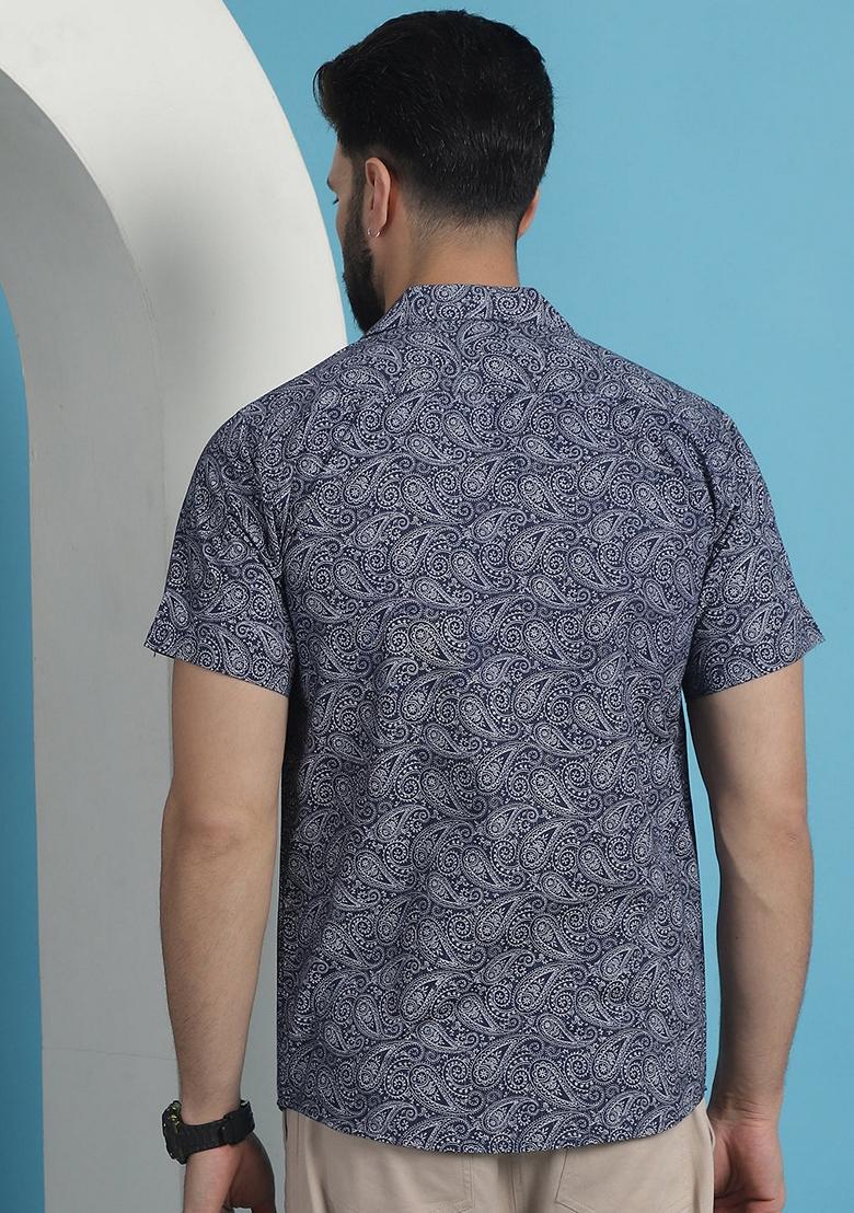Navy Blue Printed Cotton Shirt For Men - Indya