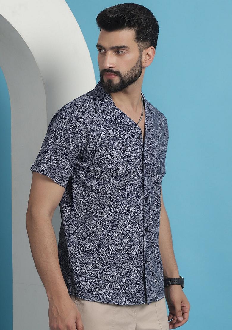 Navy Blue Printed Cotton Shirt For Men