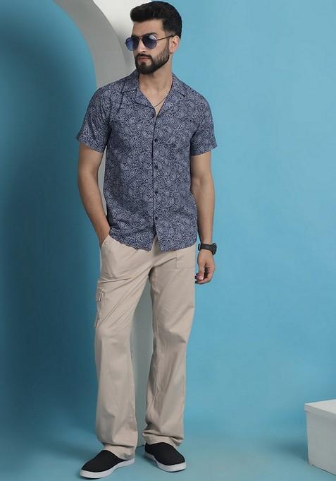Navy Blue Printed Cotton Shirt For Men