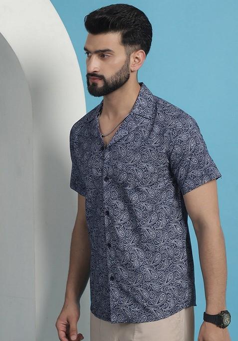 Navy Blue Printed Cotton Shirt For Men