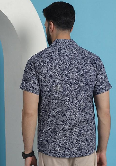 Navy Blue Printed Cotton Shirt For Men