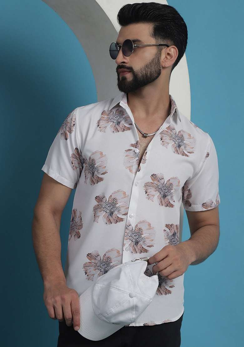White Printed Cotton Shirt For Men - Indya