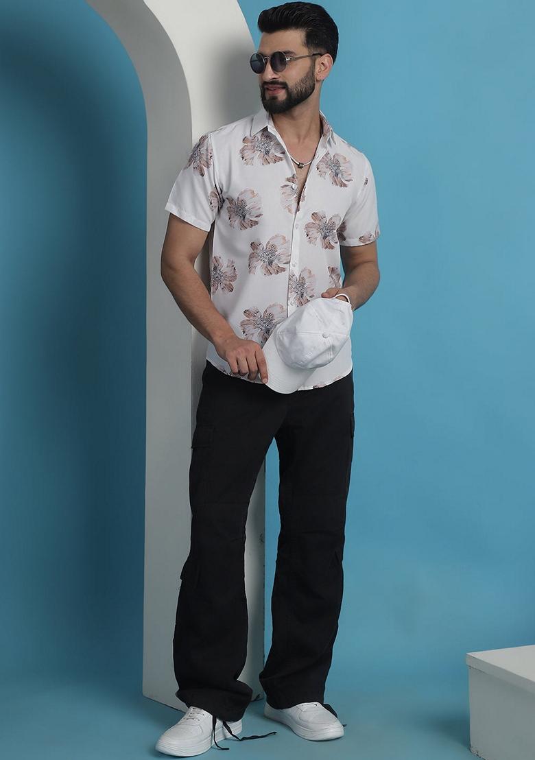 White Printed Cotton Shirt For Men