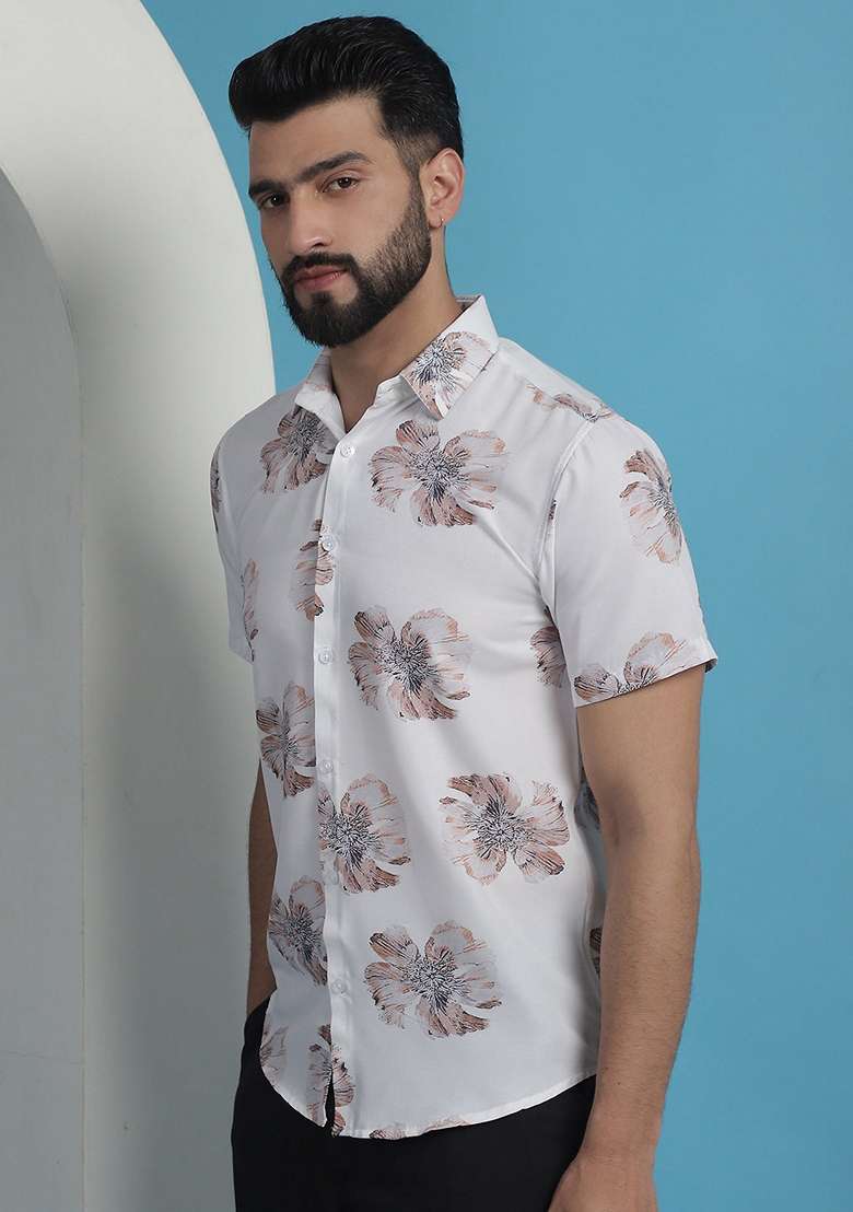 White Printed Cotton Shirt For Men - Indya