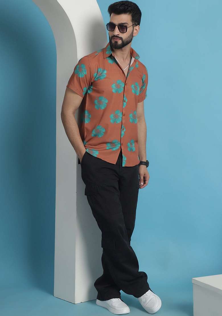 Rust Printed Cotton Shirt For Men - Indya