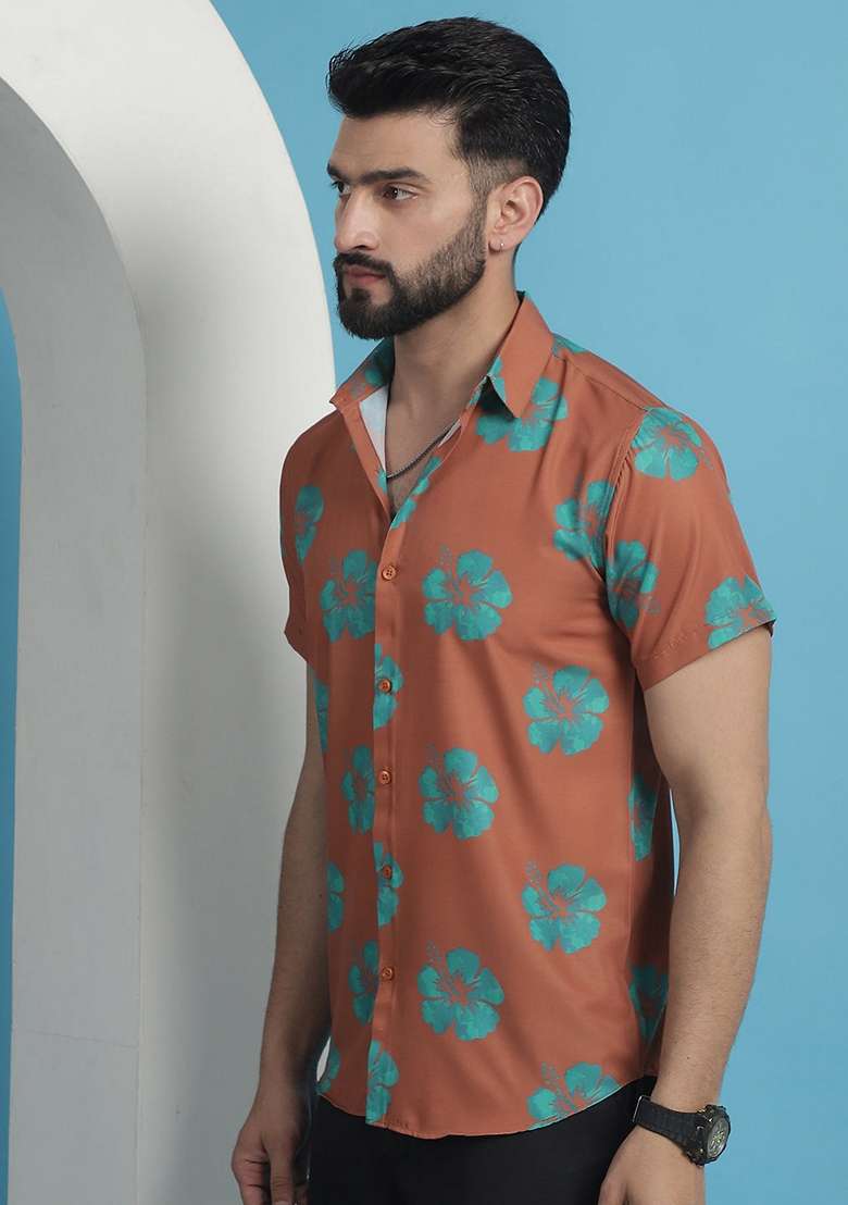 Rust Printed Cotton Shirt For Men - Indya