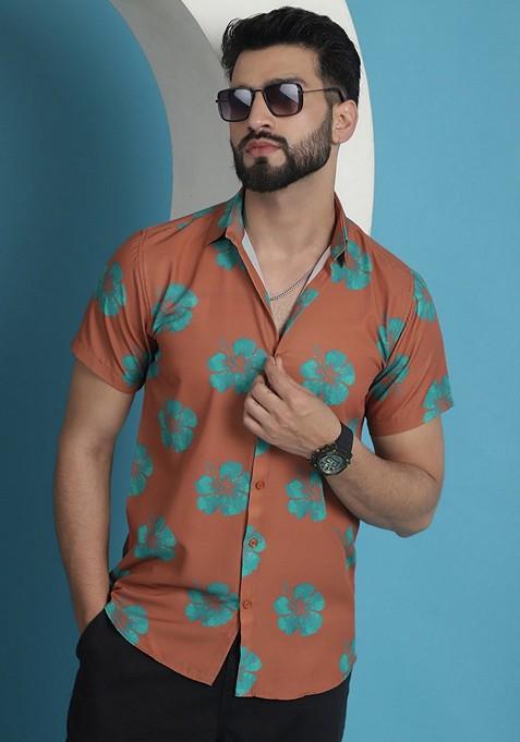 Rust Printed Cotton Shirt For Men